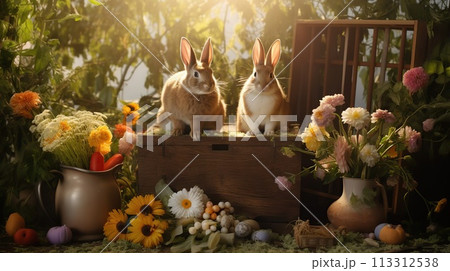 Cute Easter bunnies are sitting in the grass with colored eggs. Photo 113312538