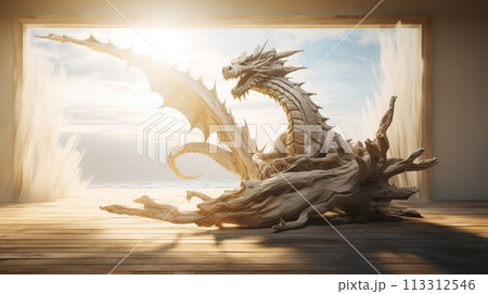 Stunning strong realistic wooden dragon sitting on a piece of driftwood. 113312546
