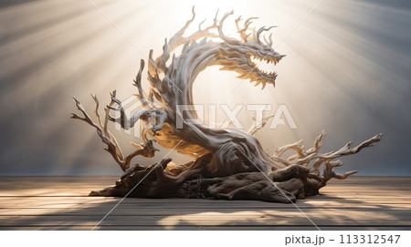 Stunning strong realistic wooden dragon sitting on a piece of driftwood. 113312547
