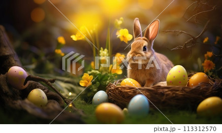 Cute Easter bunnies are sitting in the grass with colored eggs. Photo 113312570