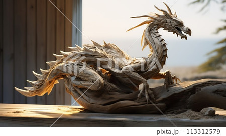 Stunning strong realistic wooden dragon sitting on a piece of driftwood. Stunning strong realistic wooden dragon sitting on a piece of driftwood. 113312579