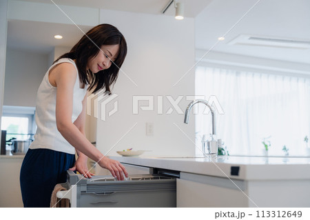 ビルトイン食洗機を使う若い女性 113312649