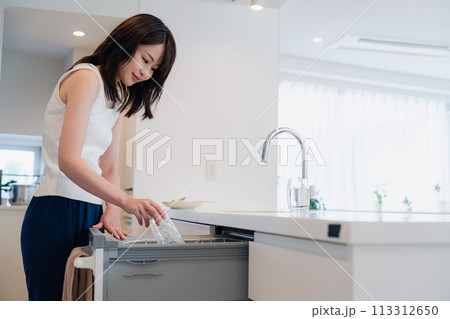 ビルトイン食洗機を使う若い女性 113312650
