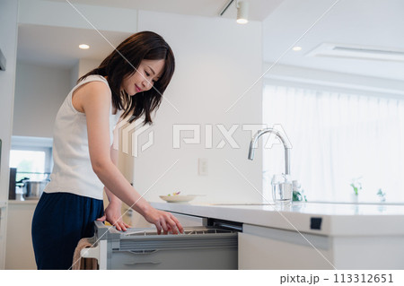 ビルトイン食洗機を使う若い女性 113312651