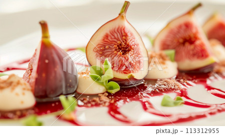 新鮮なイチジクのスライスで飾り、濃厚なベリーのクーリを添えたグルメなパンナコッタ デザート。 113312955