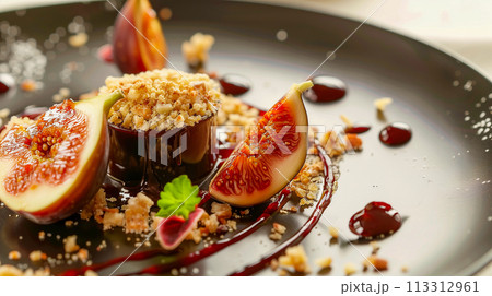 新鮮なイチジクのスライスで飾り、濃厚なベリーのクーリを添えたグルメなパンナコッタ デザート。 113312961