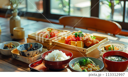 温かい雰囲気の光の中で、伝統的な日本料理に囲まれたお弁当の目玉です。 温かい雰囲気の光の中で、伝統的な日本料理に囲まれたお弁当の目玉です。 113312997