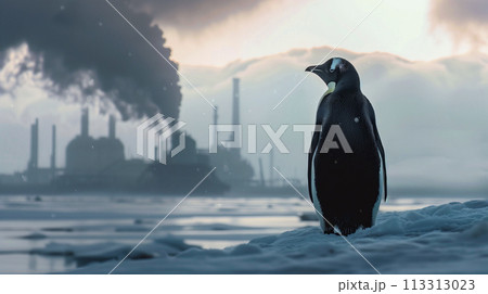 気候変動を象徴する、厳しい産業環境に直面する孤独なペンギンを描いた環境コンセプト 113313023