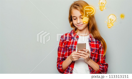 熟考する若い女の子と明るいアイデアを象徴するデジタル電球を備えた創造的な心のコンセプト。 113313151