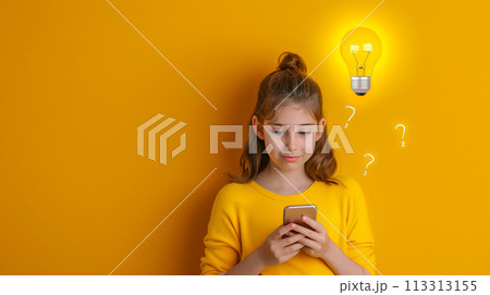 熟考する若い女の子と明るいアイデアを象徴するデジタル電球を備えた創造的な心のコンセプト。 113313155