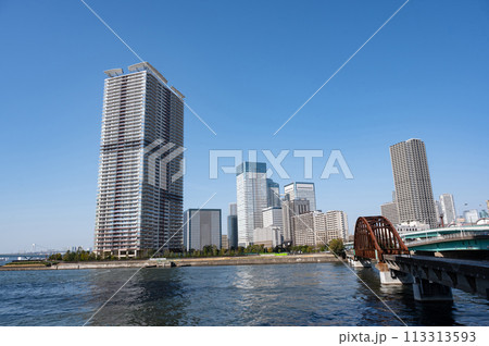 東京都豊洲周辺の高層マンションと運河の風景 113313593