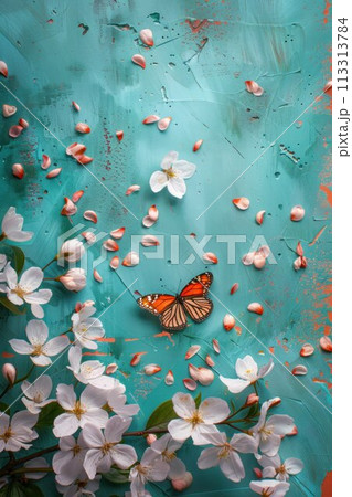 Butterfly and cherry blossoms on a turquoise background. Beautiful springtime background. Flat lay, top view. 113313784
