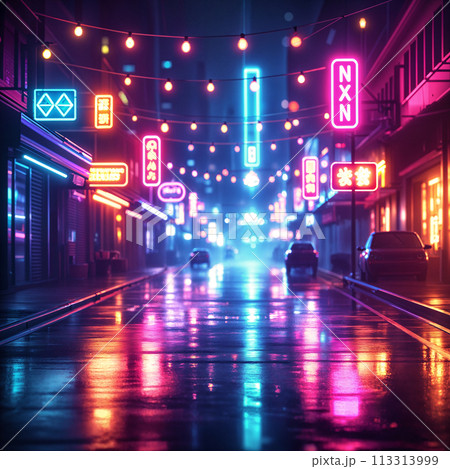This is a nighttime city street scene with neon lights and rain. 113313999