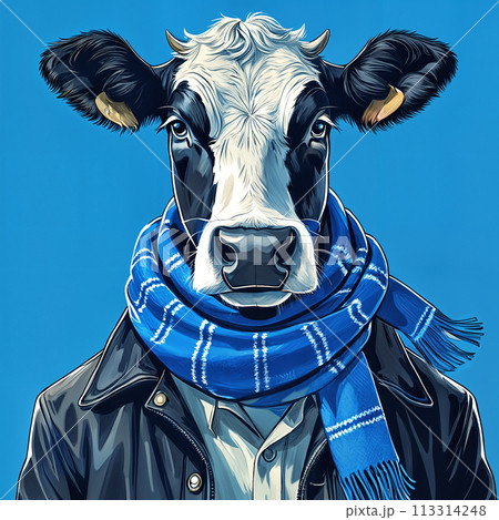 A cow wearing a blue scarf and jacket. 113314248