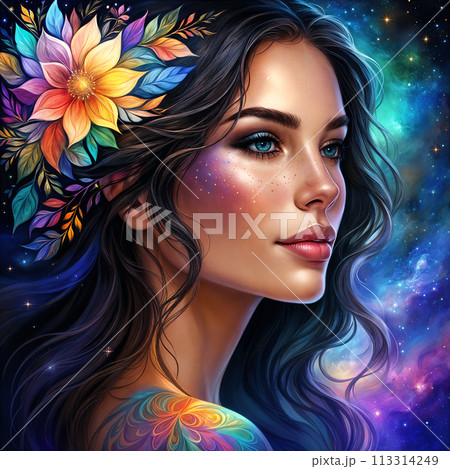 A woman with a flower crown and colorful makeup. 113314249