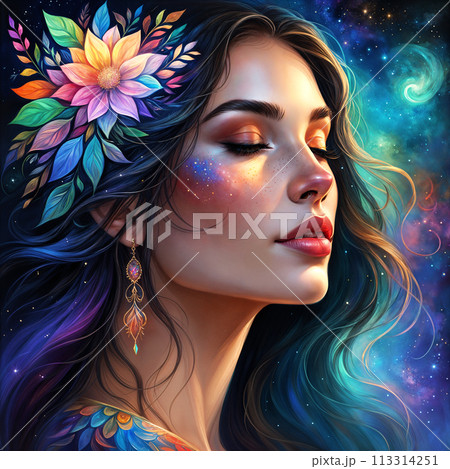 A woman with a flower in her hair. 113314251