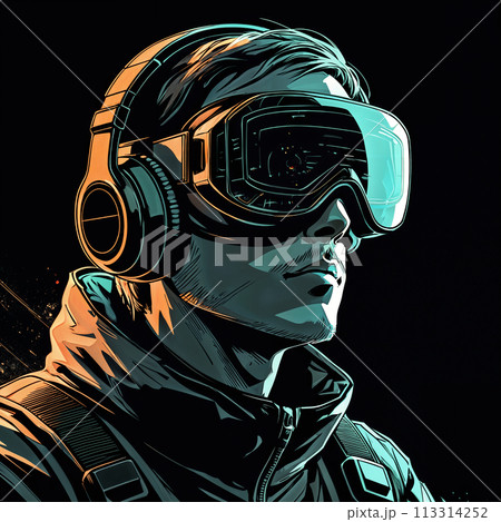 Man wearing headphones and goggles. 113314252