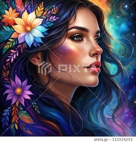 A woman with a flowers and starry background. 113314253