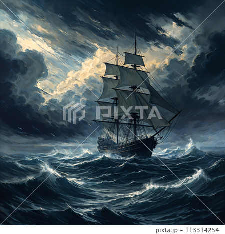 A large ship sailing on the ocean. 113314254