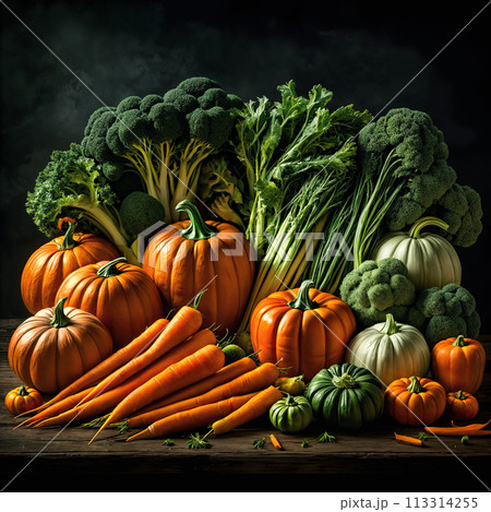 Colorful vegetables and pumpkins on table. 113314255