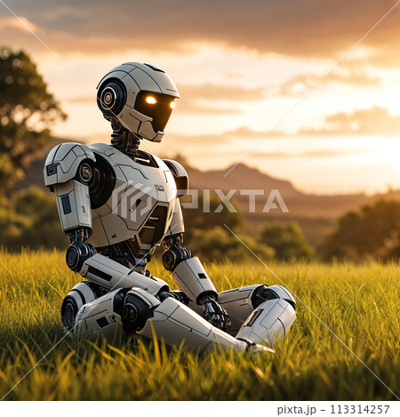 Robot sitting on grass. 113314257