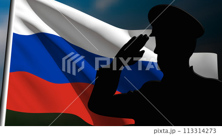 The silhouette of a soldier salutes the Russia flag 113314273