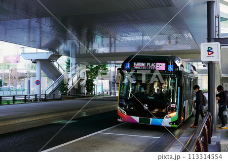 新橋バス停で乗客を乗せるHARUMI FLAG行きの東京BRT(TOYOTA SORA) 新橋バス停で乗客を乗せるHARUMI FLAG行きの東京BRT(TOYOTA SORA) 113314554