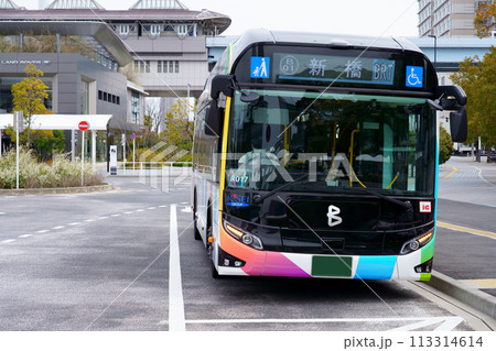 国際展示場駅に停車中の新橋行きの東京BRT/前面アップ（TOYOTA SORA） 113314614