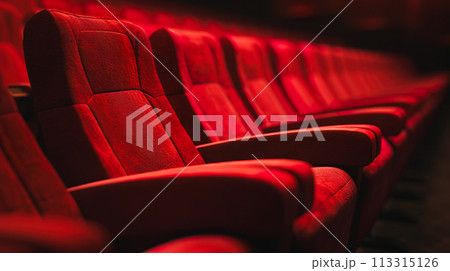 映画館の赤い座席のクローズアップ 113315126