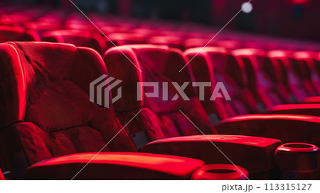 映画館の赤い座席のクローズアップ 113315127