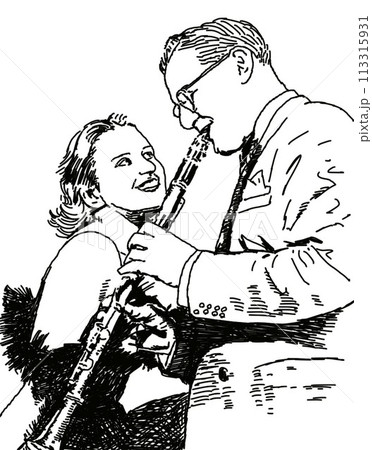 ジャズクラリネット奏者と女性歌手、線画 113315931