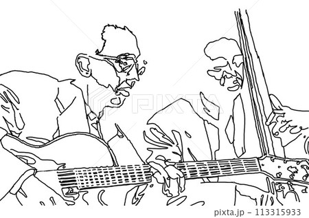 ジャズギターとベース奏者、線画 113315933