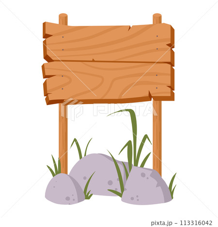 Rustic sign board. Wooden pathfinding banner, wood border on crossroad flat isolated vector illustration. Cartoon wooden sign on white 113316042