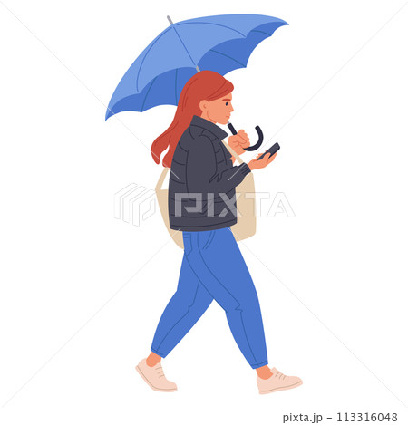 Woman under rain with umbrella. Female character walking under umbrella, rainy season walking flat vector illustration set. Cartoon girl walk under umbrella Woman under rain with umbrella. Female character walking under umbrella, rainy season walking flat vector illustration set. Cartoon girl walk under umbrella 113316048