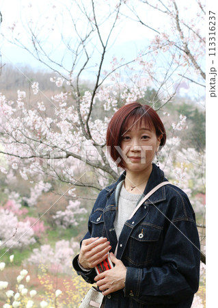 花見山公園にて桜の花を楽しむ女性 113316237