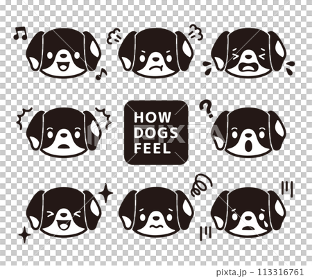 かわいいビーグル犬の顔の白黒のイラストセット 113316761