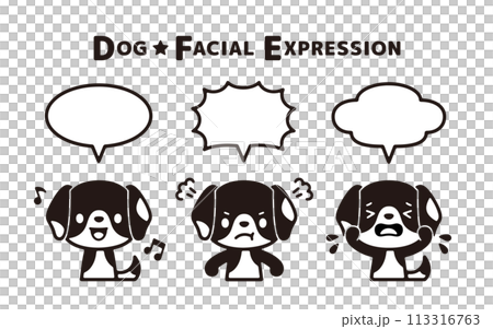 Set of monochrome illustrations of various faces of beagle dogs and speech bubbles Set of monochrome illustrations of various faces of beagle dogs and speech bubbles 113316763