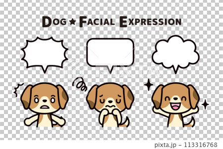 具有各種表情和語音氣泡的可愛小獵犬的插圖集 113316768