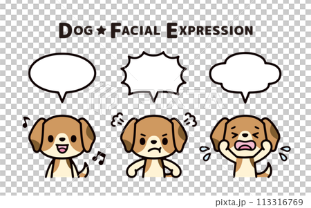 いろいろな感情のかわいいビーグルと吹き出しのイラストセット いろいろな感情のかわいいビーグルと吹き出しのイラストセット 113316769