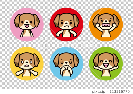 一組面向前方的可愛小獵犬的各種面部表情圖標 113316770