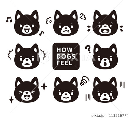 かわいい柴犬の顔の白黒のイラストセット 113316774