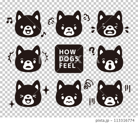かわいい柴犬の顔の白黒のイラストセット 113316774