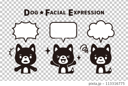 A set of monochrome illustrations of Shiba Inu with various faces and speech bubbles 113316775