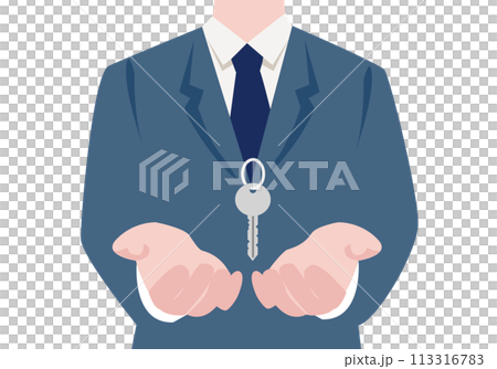 Stylish flat illustration of a businessman and a key Stylish flat illustration of a businessman and a key 113316783