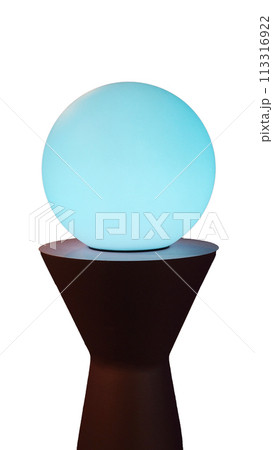 Isolated image of glowing glass beads on wooden base on white background. 113316922