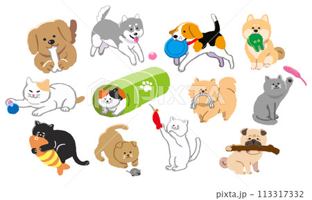 おもちゃで遊ぶ犬と猫のイラストセットのイラスト素材 [113317332] - PIXTA, 画像サイズ:450x289