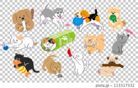 おもちゃで遊ぶ犬と猫のイラストセット おもちゃで遊ぶ犬と猫のイラストセット 113317332