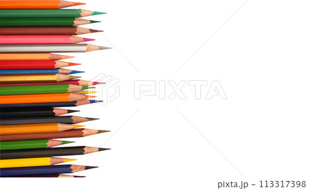 Border of an assortment of colourful pencils on white background Border of an assortment of colourful pencils on white background 113317398