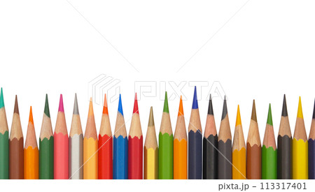 Border of an assortment of colourful pencils on white background Border of an assortment of colourful pencils on white background 113317401