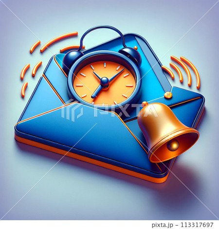 vivid 3D illustration of an alarm clock on a blue envelope with ringing indications, suggesting time-sensitive communication. 113317697